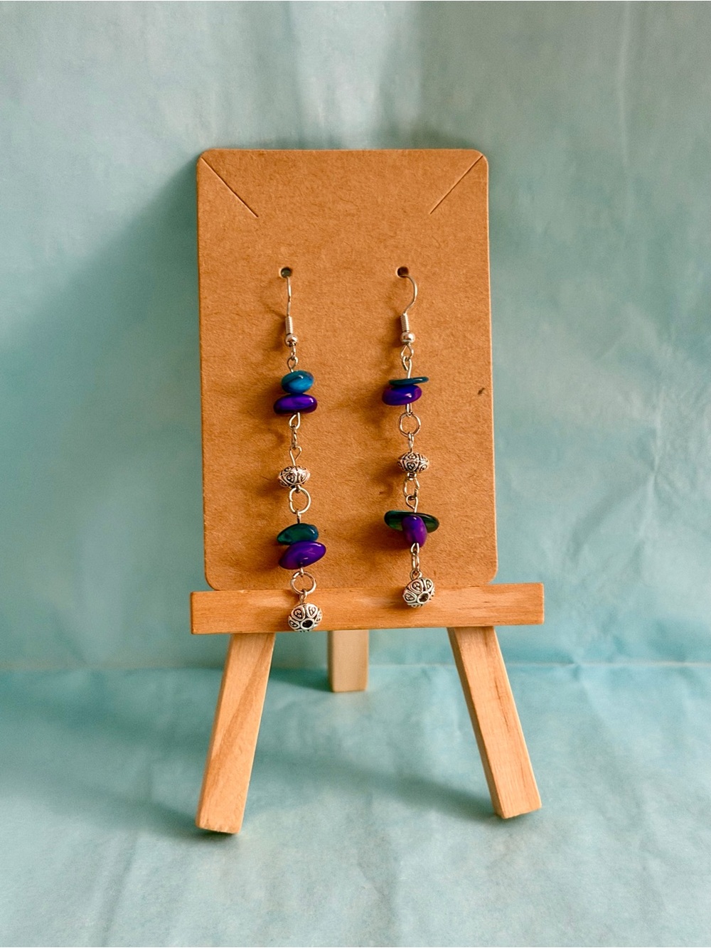 Hand-assembled Purple & Blue Beaded Dangle Earrings